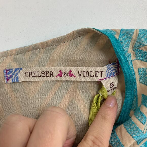 Chelsea & Violet Dress Womens Small Beige Blue Shift Textured Keyhole Ikat Lined - Picture 11 of 15